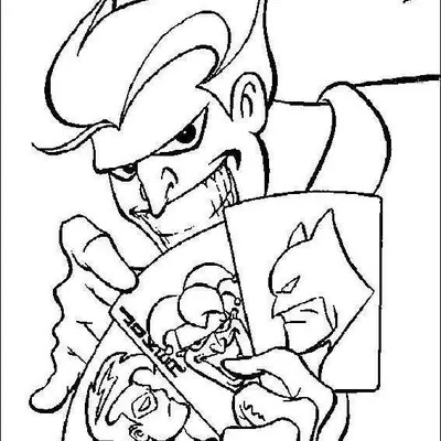 Desenho de contorno do Coringa em close, sorrindo e segurando três cartas de baralho com as faces do Batman, Robin e do próprio Coringa.
