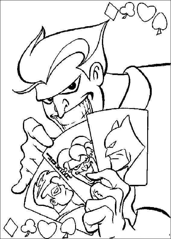 Desenho de contorno do Coringa em close, sorrindo e segurando três cartas de baralho com as faces do Batman, Robin e do próprio Coringa.