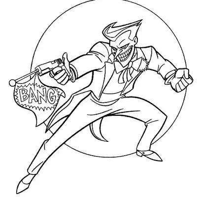 Desenho de contorno do Coringa sorrindo maldosamente, usando terno e gravata borboleta, segurando uma arma que dispara uma bandeira com a palavra BANG.