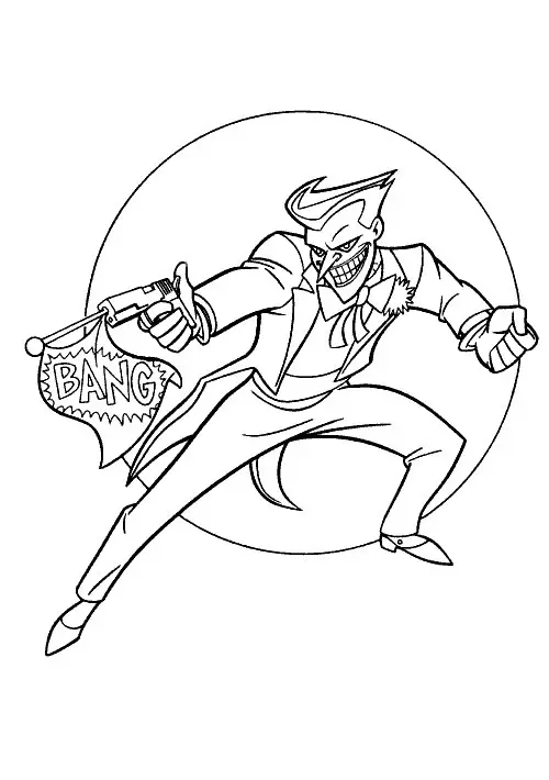 Desenho de contorno do Coringa sorrindo maldosamente, usando terno e gravata borboleta, segurando uma arma que dispara uma bandeira com a palavra BANG.