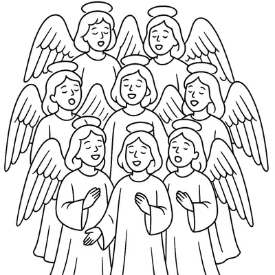 Desenho do Coro Celestial: Grupo de Anjos Cantando e Adorando