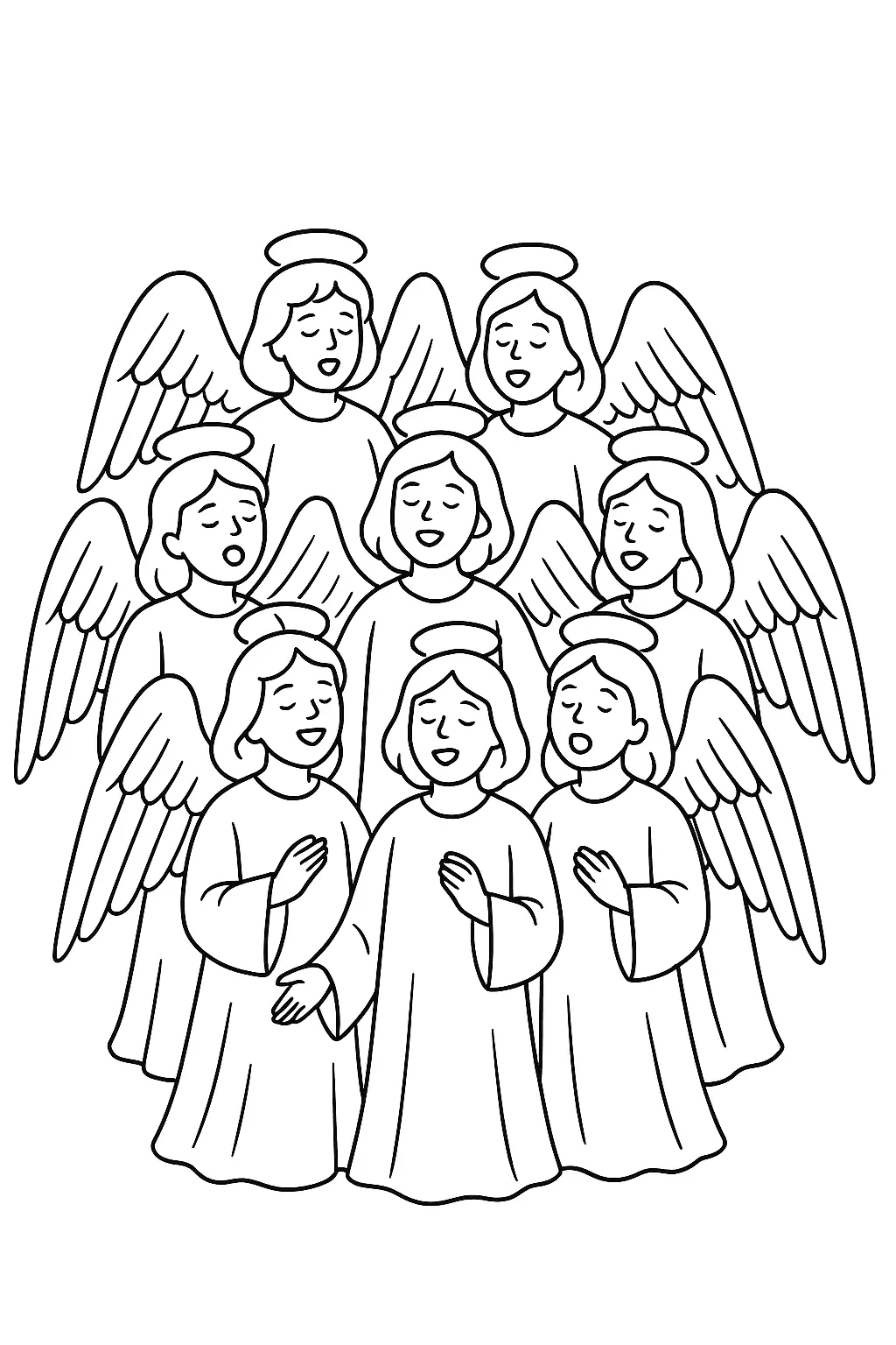 Desenho de contorno em preto e branco de um grupo de nove anjos dispostos em três fileiras. Todos estão vestindo túnicas, têm asas e auréolas, e estão com as bocas abertas, sugerindo que estão cantando em uníssono.