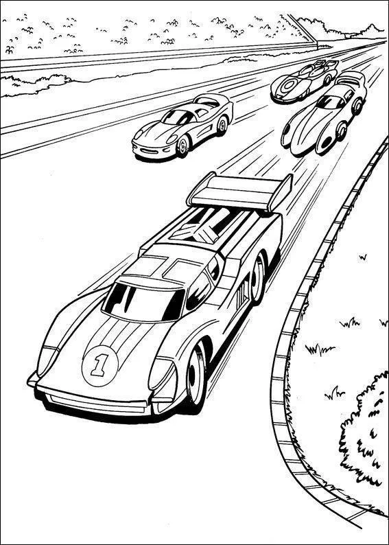 Desenho de contorno de quatro carros de corrida esportivos em uma pista curva, com o carro número 1 em destaque no primeiro plano.