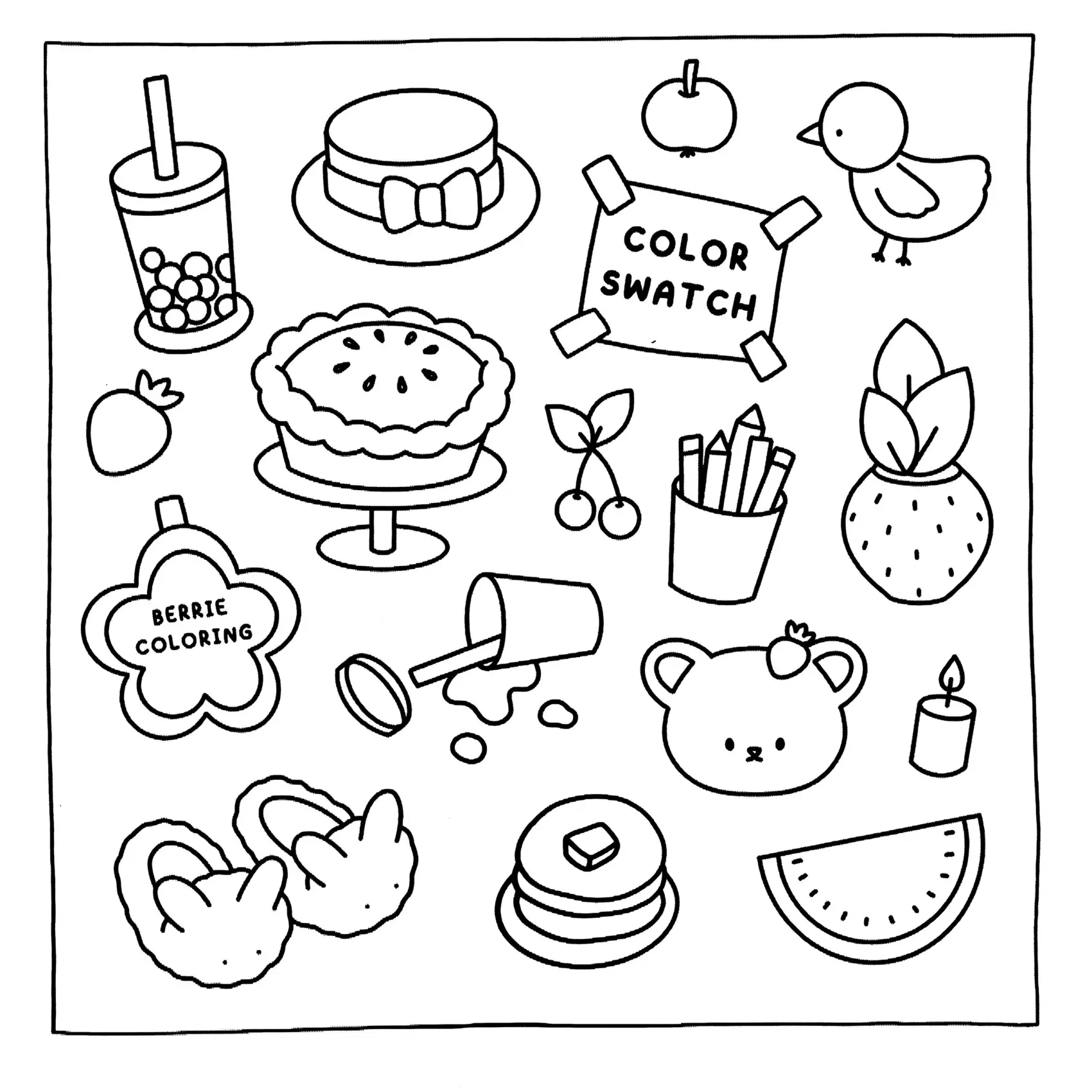 Desenho de contorno estilo kawaii com vários ícones: torta de maçã, copo de boba tea, pantufas de coelho, chapéu, frutas e o rosto de um ursinho.