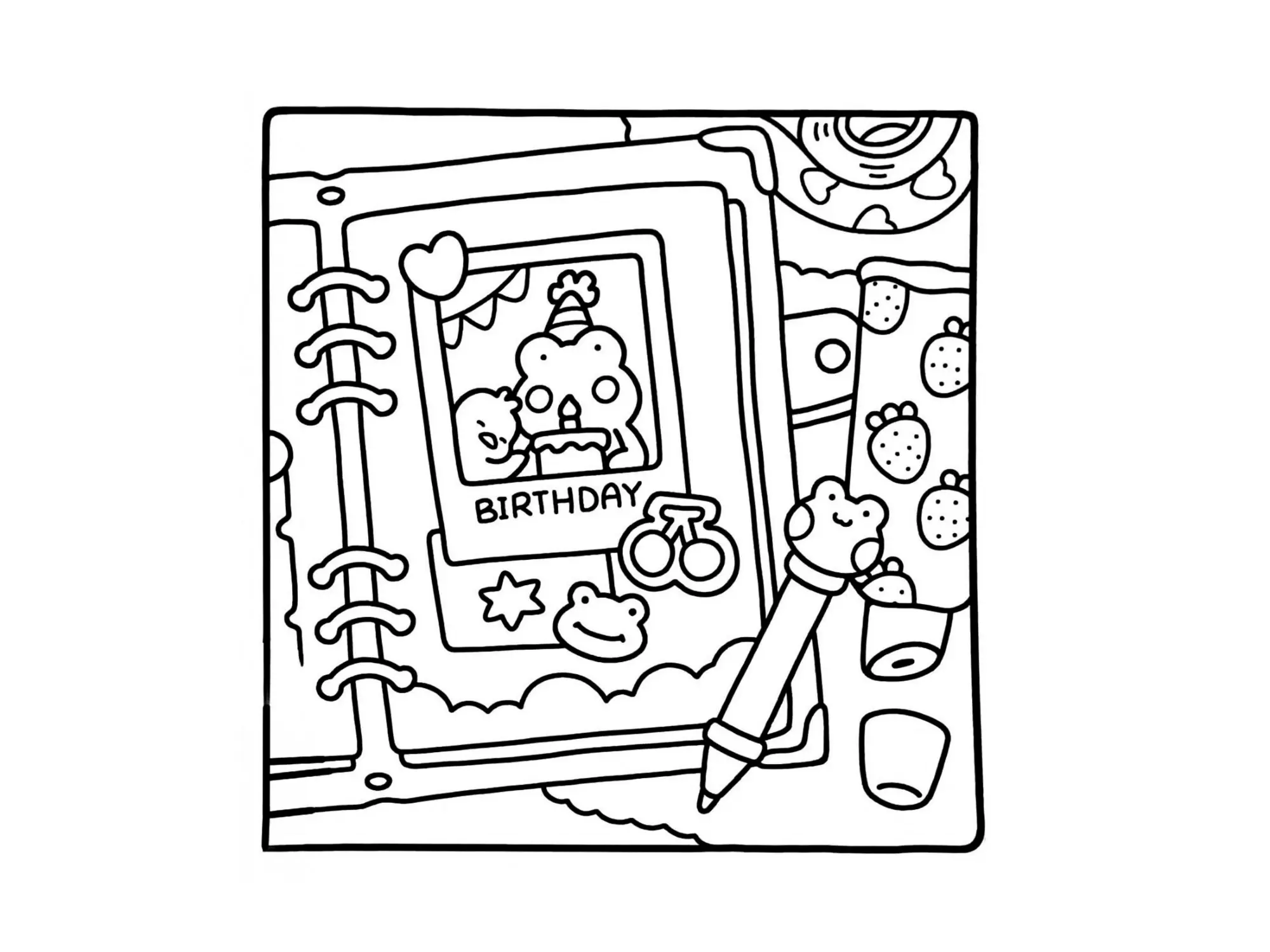Desenho de contorno estilo kawaii de um álbum de fotos aberto com uma foto de um sapinho soprando vela, uma caneta de sapo e fitas adesivas.