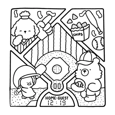 Desenho de contorno estilo kawaii dividido em painéis mostrando um urso lançador, um pintinho batedor, uma poodle torcedora e lanches de beisebol.