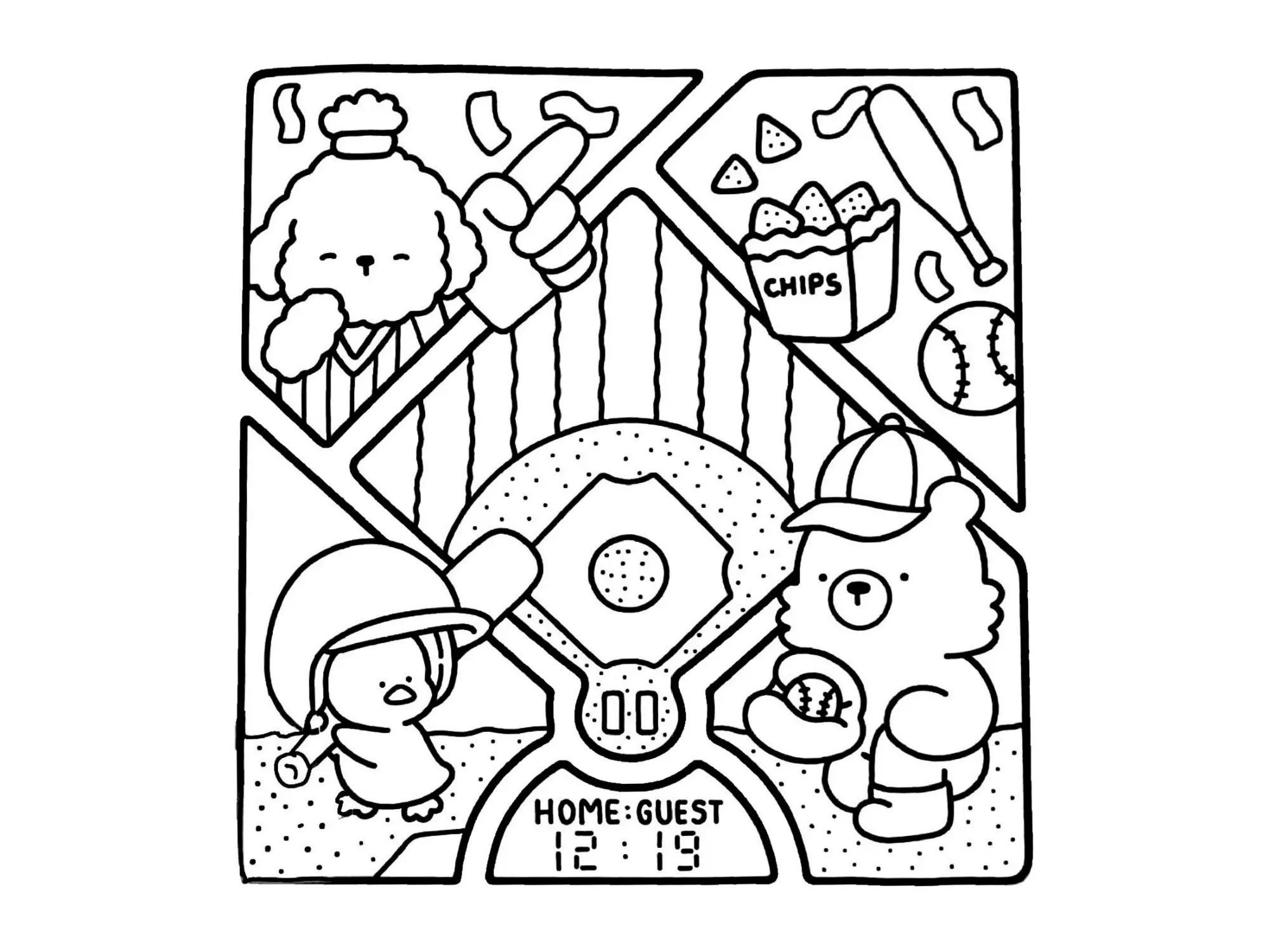 Desenho de contorno estilo kawaii dividido em painéis mostrando um urso lançador, um pintinho batedor, uma poodle torcedora e lanches de beisebol.