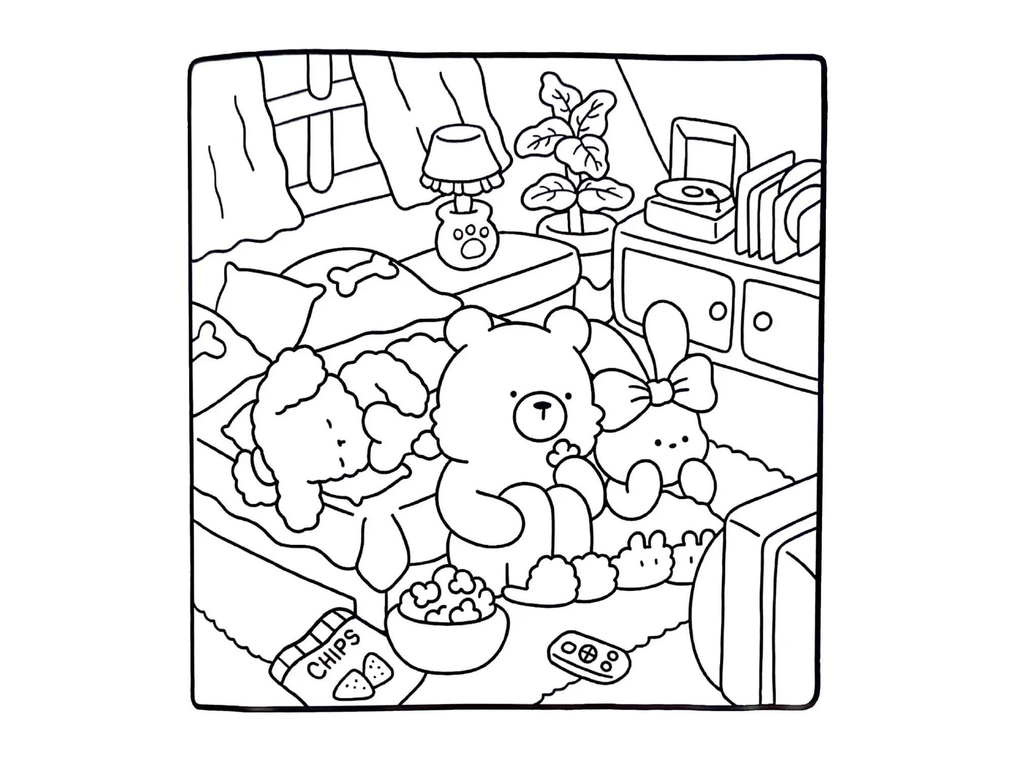 Desenho de contorno estilo kawaii de um urso, uma poodle e uma coelhinha sentados no chão da sala assistindo TV, com um balde de pipoca e saco de chips.