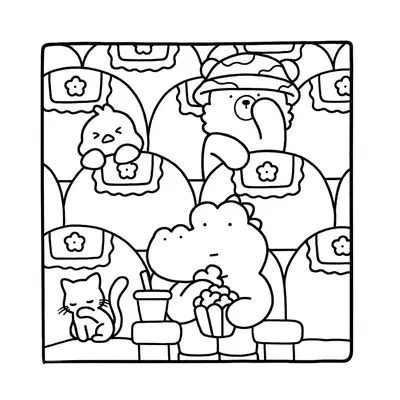 Desenho de contorno estilo kawaii mostrando um jacaré na primeira fila do cinema comendo pipoca, cercado por amigos em poltronas decoradas com flores.