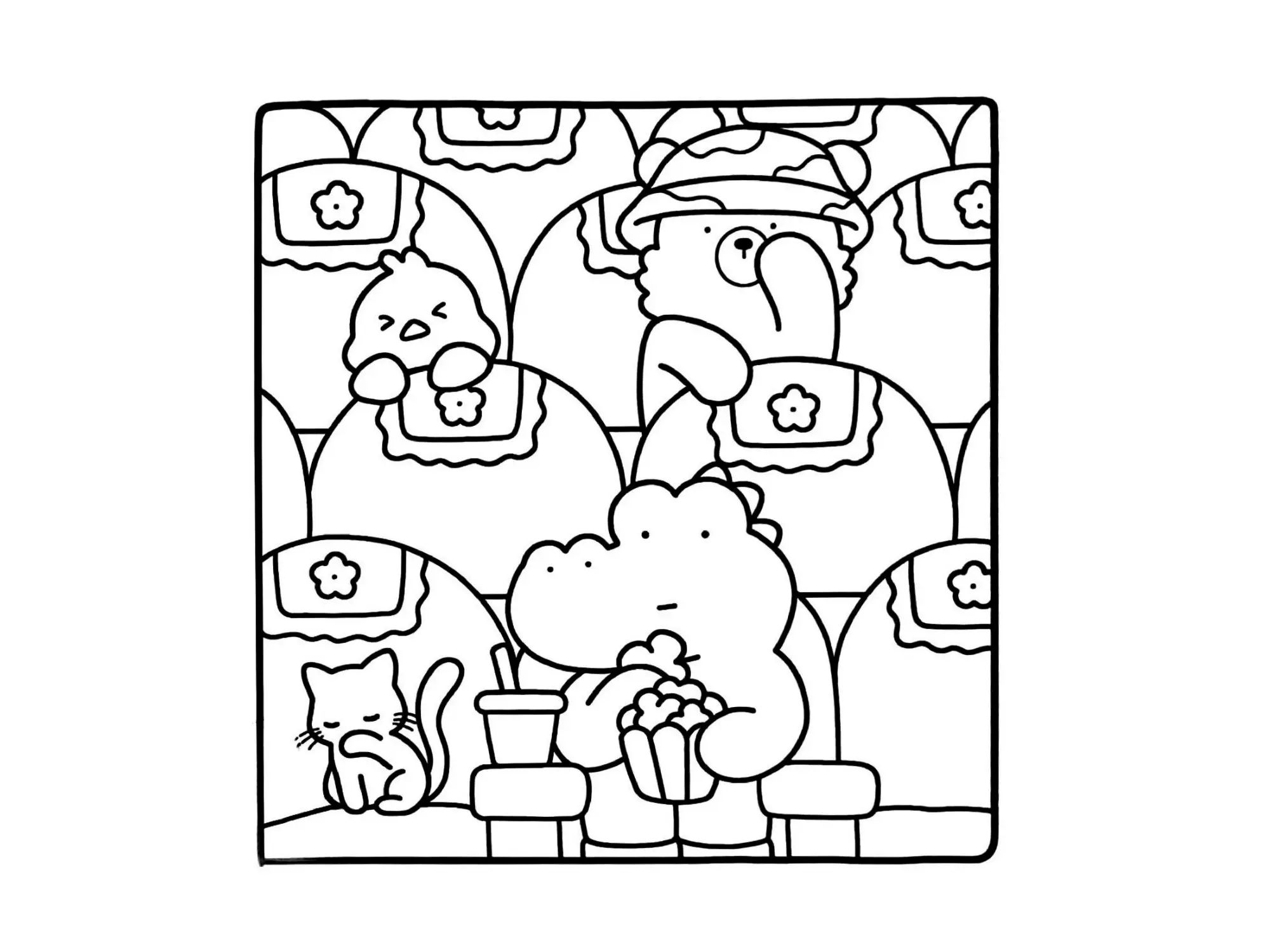 Desenho de contorno estilo kawaii mostrando um jacaré na primeira fila do cinema comendo pipoca, cercado por amigos em poltronas decoradas com flores.
