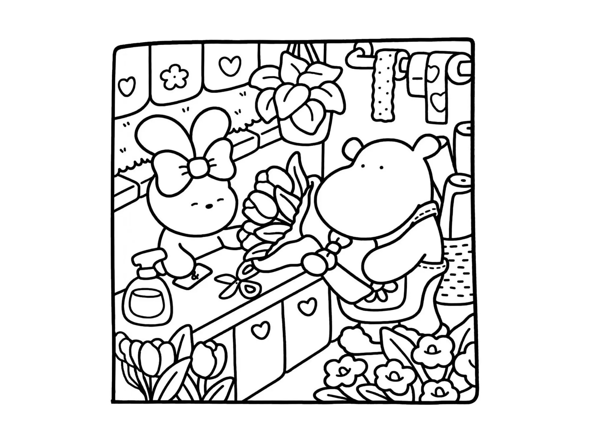 Desenho de contorno estilo kawaii de uma coelhinha atrás de um balcão entregando um buquê de flores para um hipopótamo em uma floricultura.