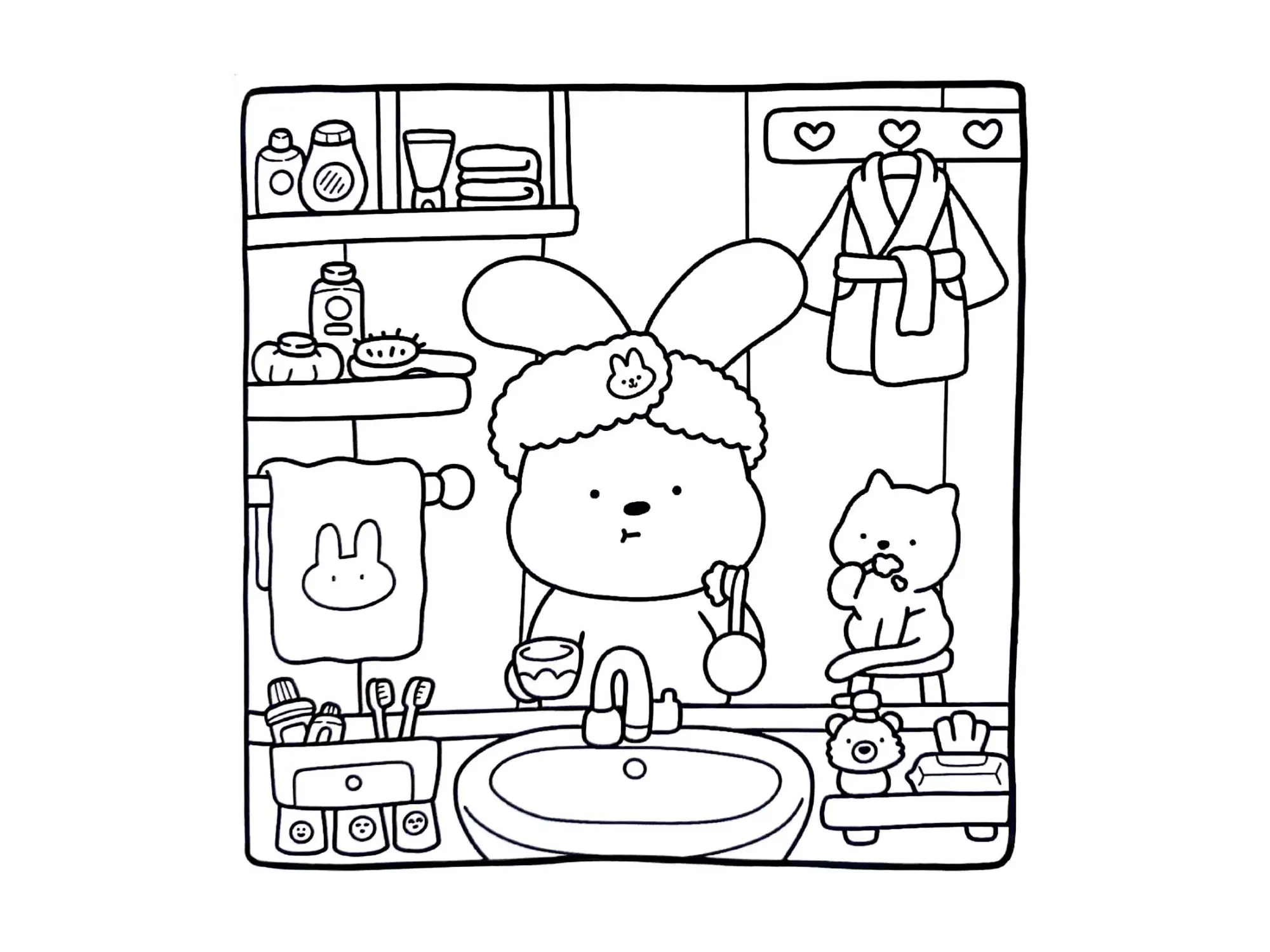 Desenho de contorno estilo kawaii de uma coelhinha com faixa de cabelo em frente ao espelho, escovando os dentes ao lado de um gatinho, com prateleiras de cosméticos.