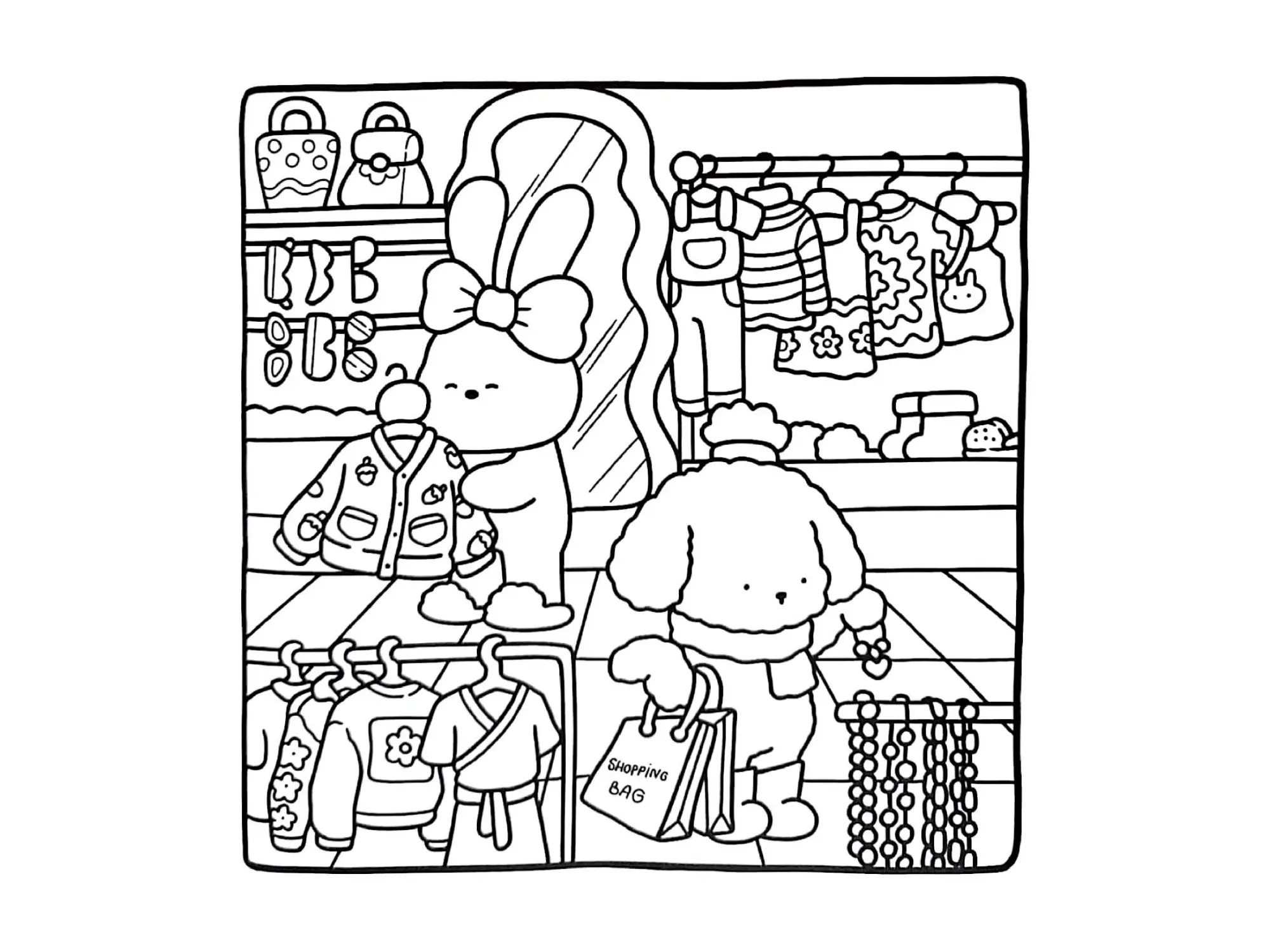 Desenho de contorno estilo kawaii de uma coelhinha segurando um cabide com jaqueta em frente a um espelho e uma poodle com sacolas de compras em uma boutique.