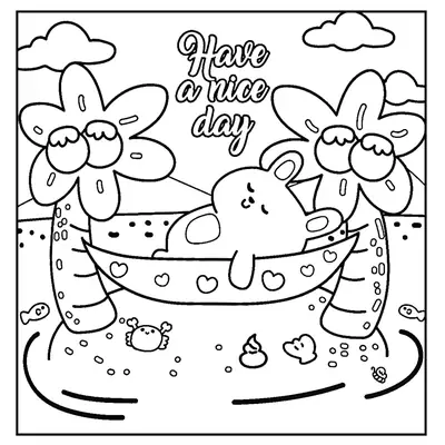 Desenho de contorno estilo kawaii de uma coelhinha dormindo em uma rede estampada com corações, presa a dois coqueiros em uma pequena ilha com um caranguejo.