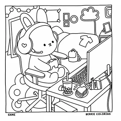 Desenho de contorno estilo kawaii de um coelho sentado em uma cadeira gamer, usando headset e segurando um controle na frente de um computador.