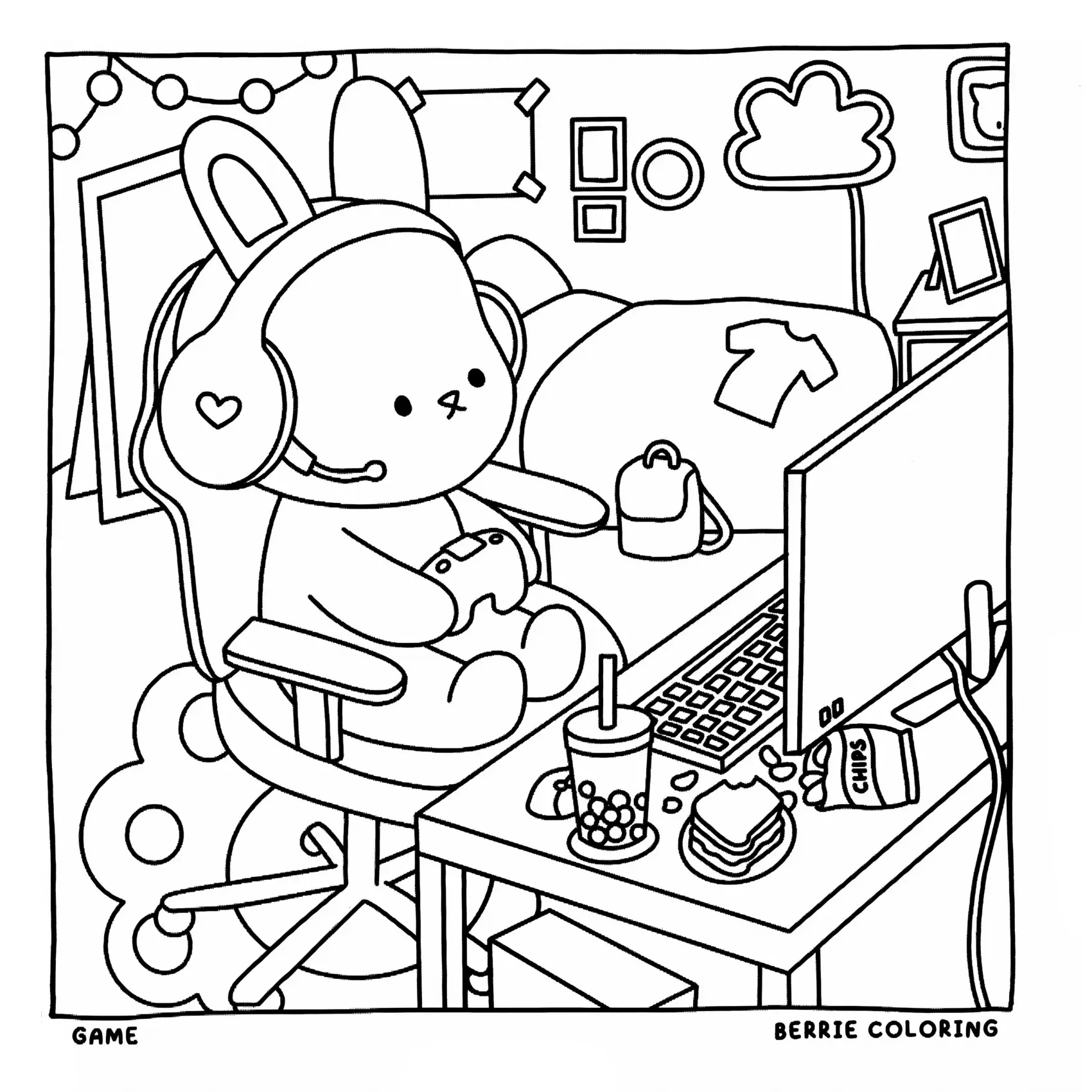 Desenho de contorno estilo kawaii de um coelho sentado em uma cadeira gamer, usando headset e segurando um controle na frente de um computador.