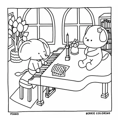 Desenho de contorno estilo kawaii de um elefante sentado em um banco tocando um piano de cauda, com uma cachorrinha sentada sobre o piano.