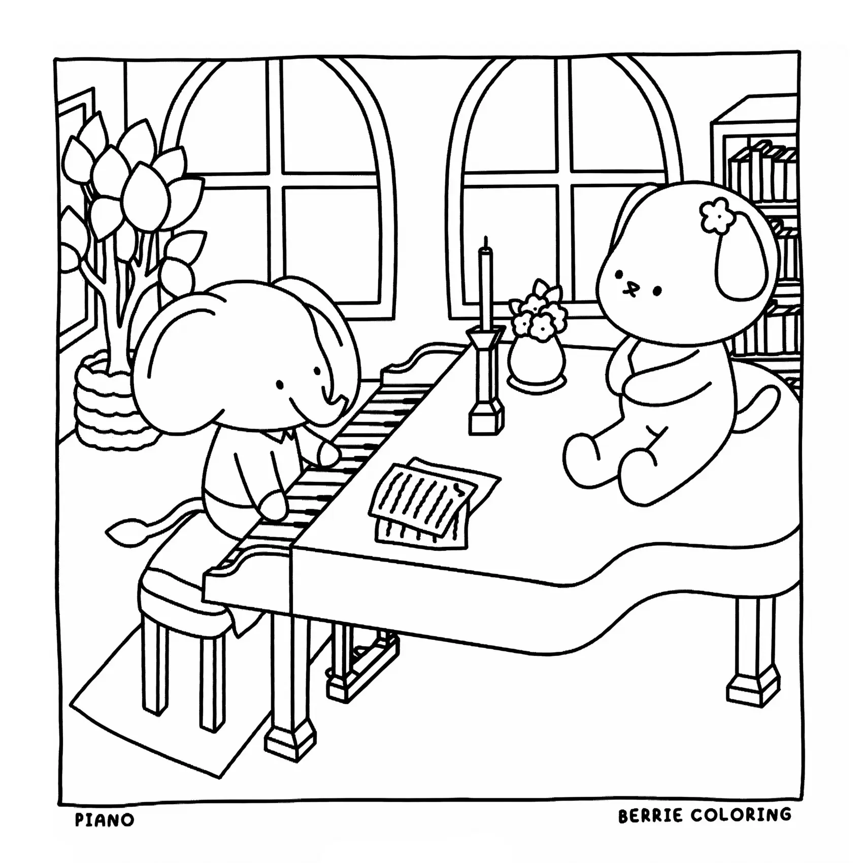 Desenho de contorno estilo kawaii de um elefante sentado em um banco tocando um piano de cauda, com uma cachorrinha sentada sobre o piano.