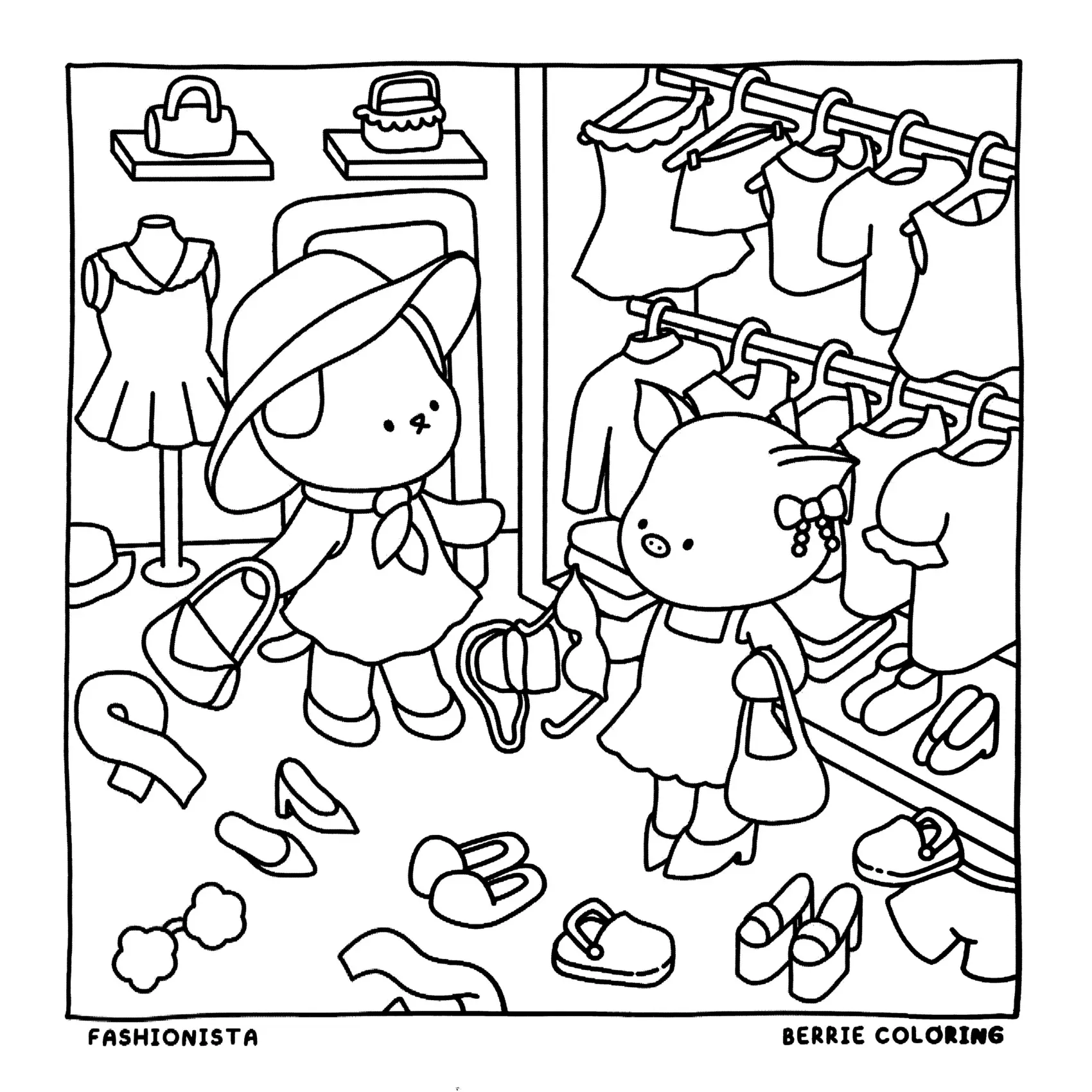 Desenho de contorno estilo kawaii de um cachorrinho com chapéu e um porquinho segurando bolsas em uma loja de roupas com araras e sapatos.