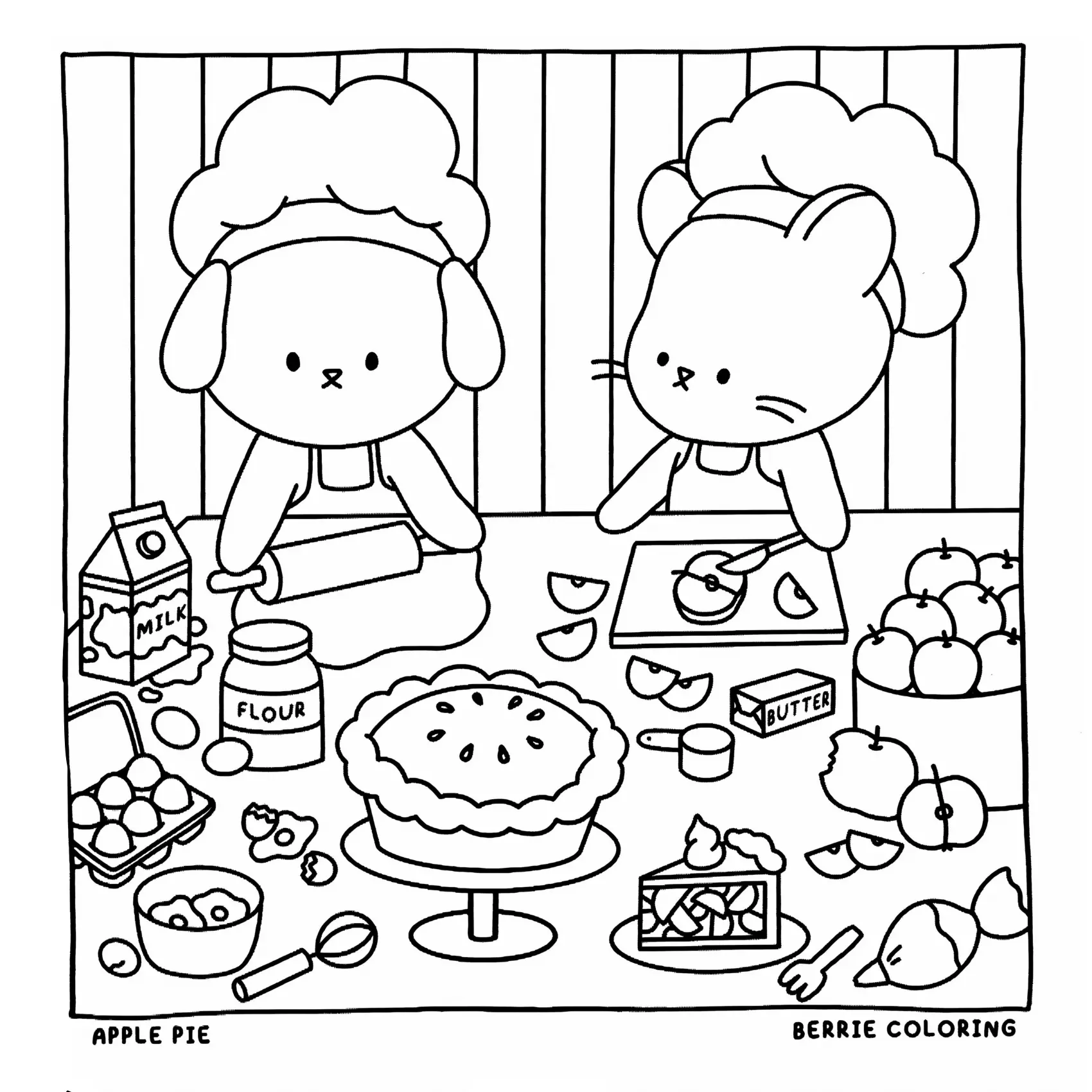 Desenho de contorno estilo kawaii de um cachorro e um gato com chapéus de mestre cuca, abrindo massa e cortando maçãs em uma mesa cheia de ingredientes.