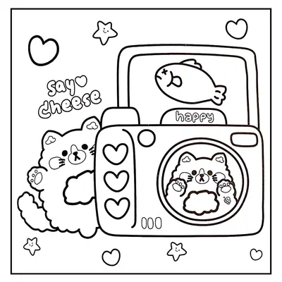 Desenho de contorno estilo kawaii de um gatinho ao lado de uma câmera com três corações e uma foto instantânea de um peixe saindo do topo.