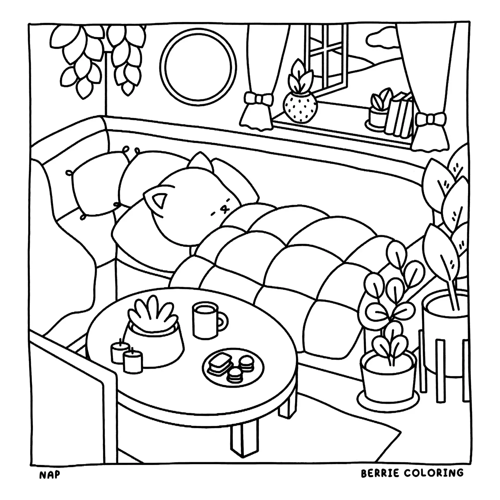 Desenho de contorno estilo kawaii de um gatinho dormindo em um sofá com edredom quadriculado, mesa de centro com chá e biscoitos, e várias plantas em volta.