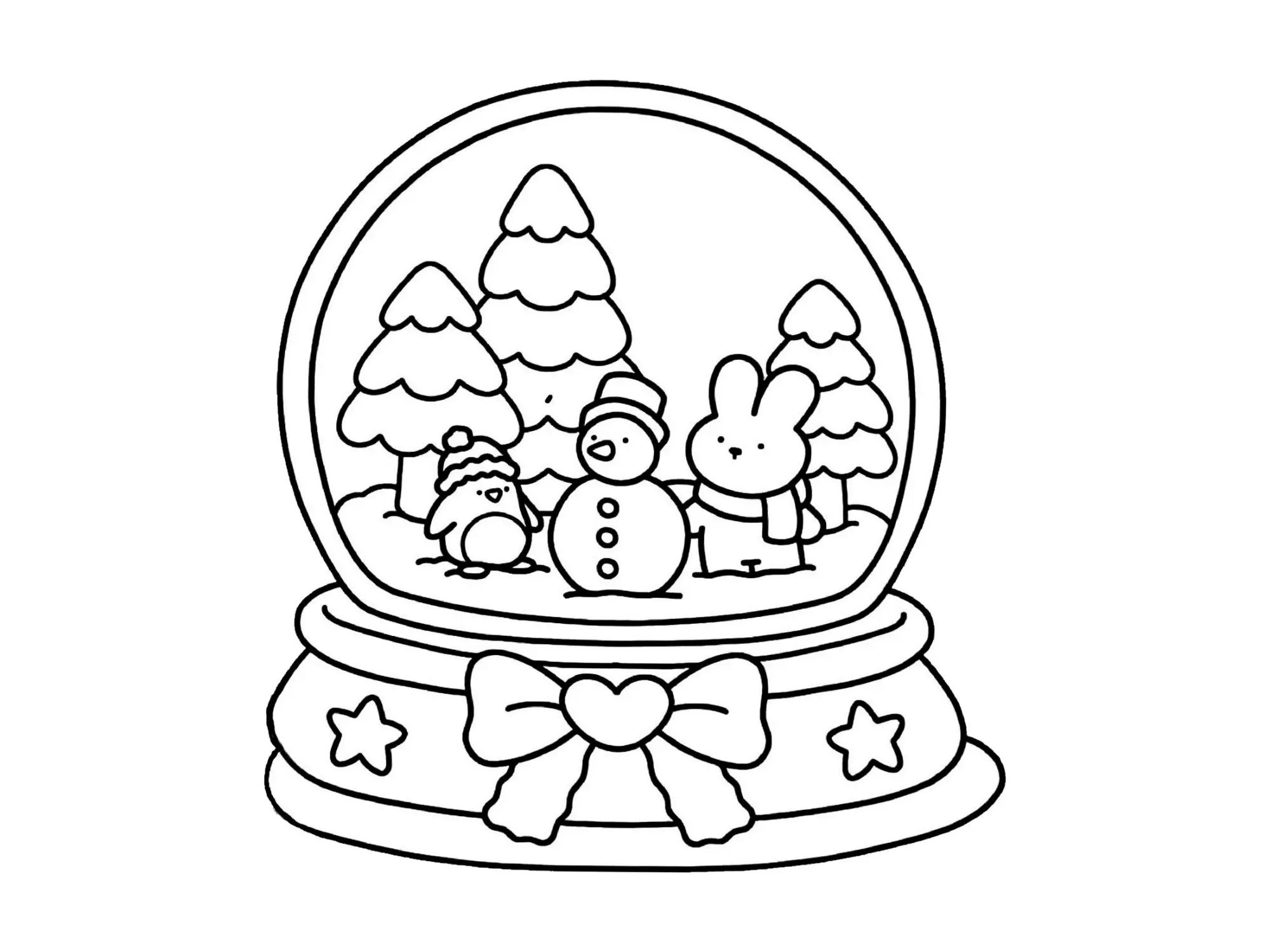 Desenho de contorno estilo kawaii de um globo de neve com base decorada com laço de coração, contendo um pinguim, um coelho e árvores de Natal.