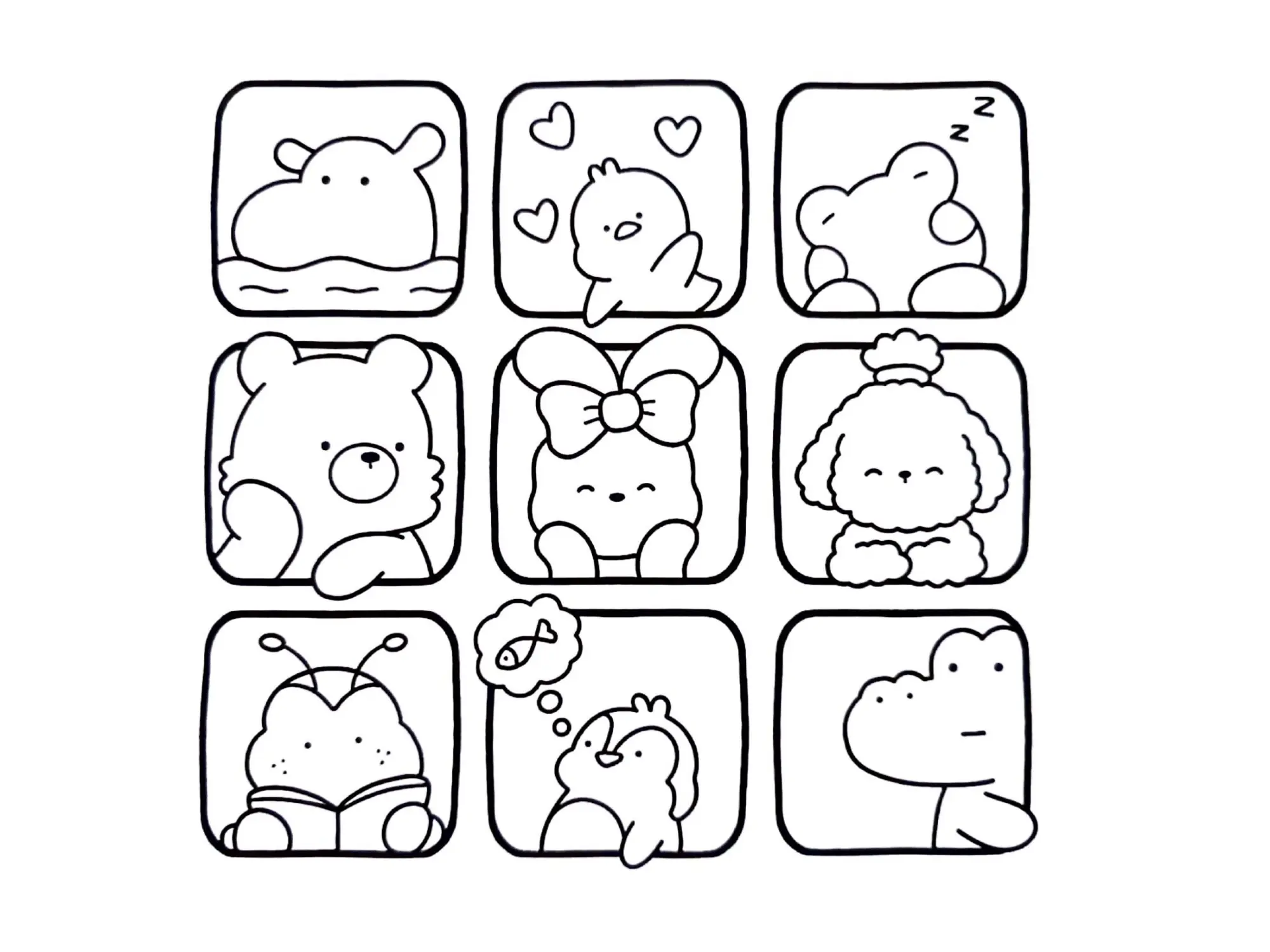 Desenho de contorno estilo kawaii dividido em 9 quadrados com personagens: hipopótamo, pintinho, sapinho, urso, coelha, poodle, abelhinha, pinguim e jacaré.