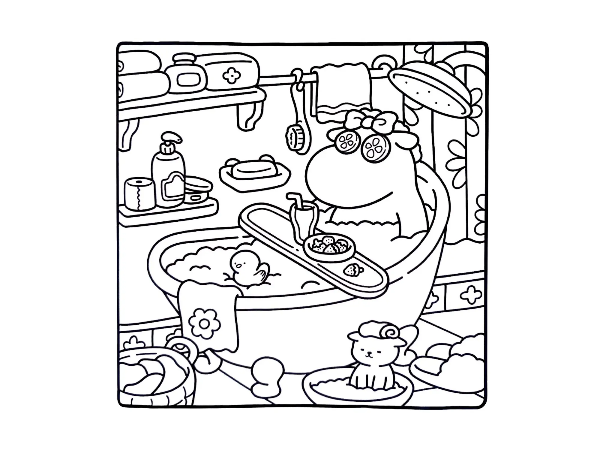 Desenho de contorno estilo kawaii de um hipopótamo em uma banheira de pé, usando pepinos nos olhos, com uma bandeja de morangos e suco, cercado de acessórios de banho.