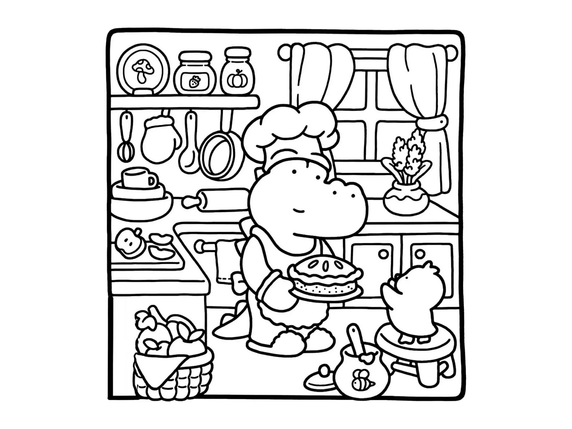 Desenho de contorno estilo kawaii de um jacaré com chapéu de chef segurando uma torta, com um pintinho em um banco e prateleiras com potes de mel e geleia.