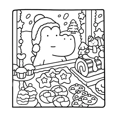Desenho de contorno estilo kawaii de um jacaré com gorro de Natal espiando uma mesa cheia de doces, biscoitos de estrela e um boneco de neve pequeno.