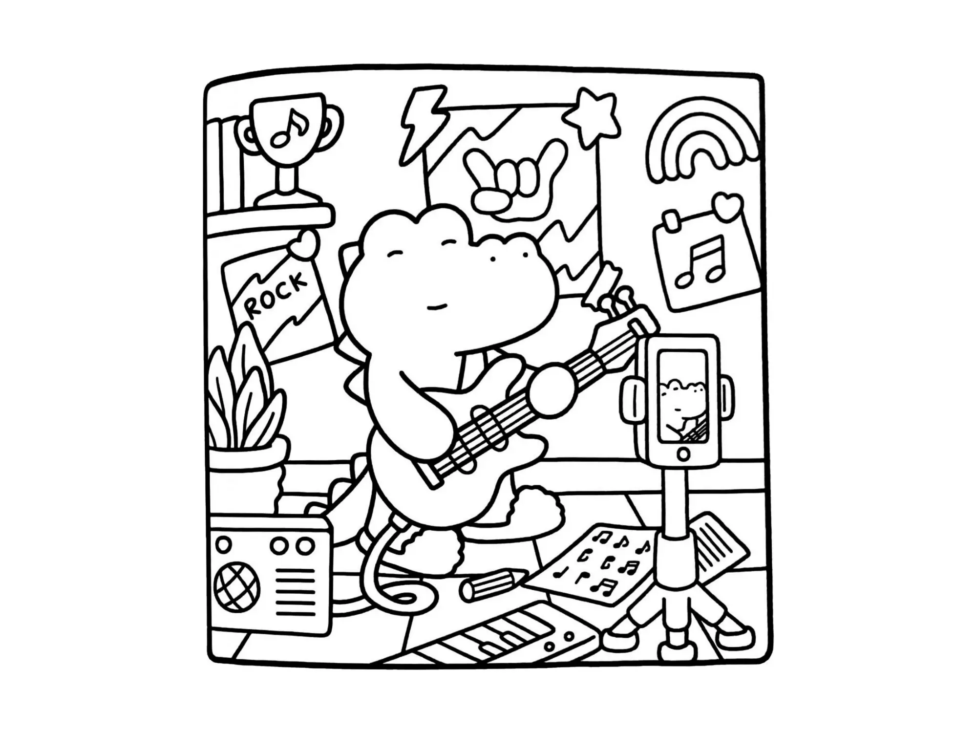Desenho de contorno estilo kawaii de um jacaré tocando guitarra e gravando com um celular no tripé em um quarto decorado com itens musicais.