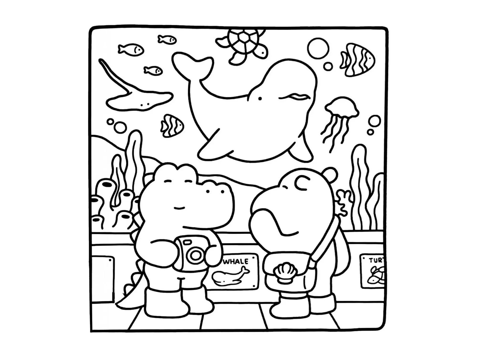 Desenho de contorno estilo kawaii do jacaré com uma câmera e o hipopótamo com bolsa em frente a um enorme tanque de aquário com uma baleia e peixes.