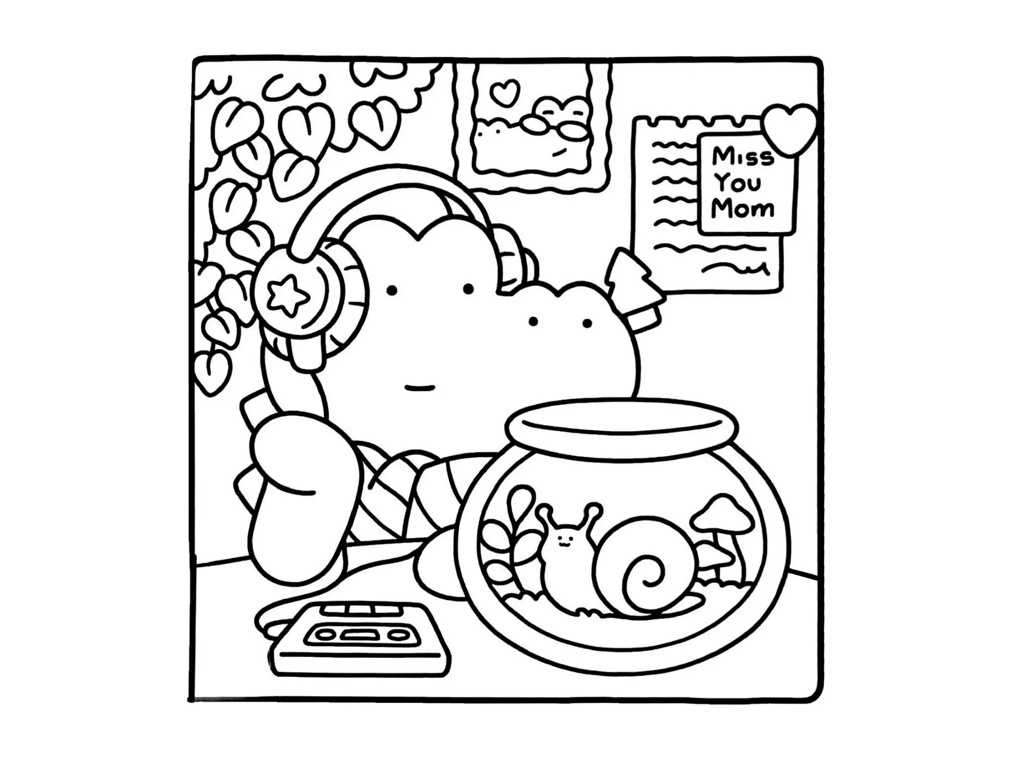 Desenho de contorno estilo kawaii de um jacaré usando fones de ouvido com uma estrela, ao lado de um aquário redondo com um caracol e cogumelo.