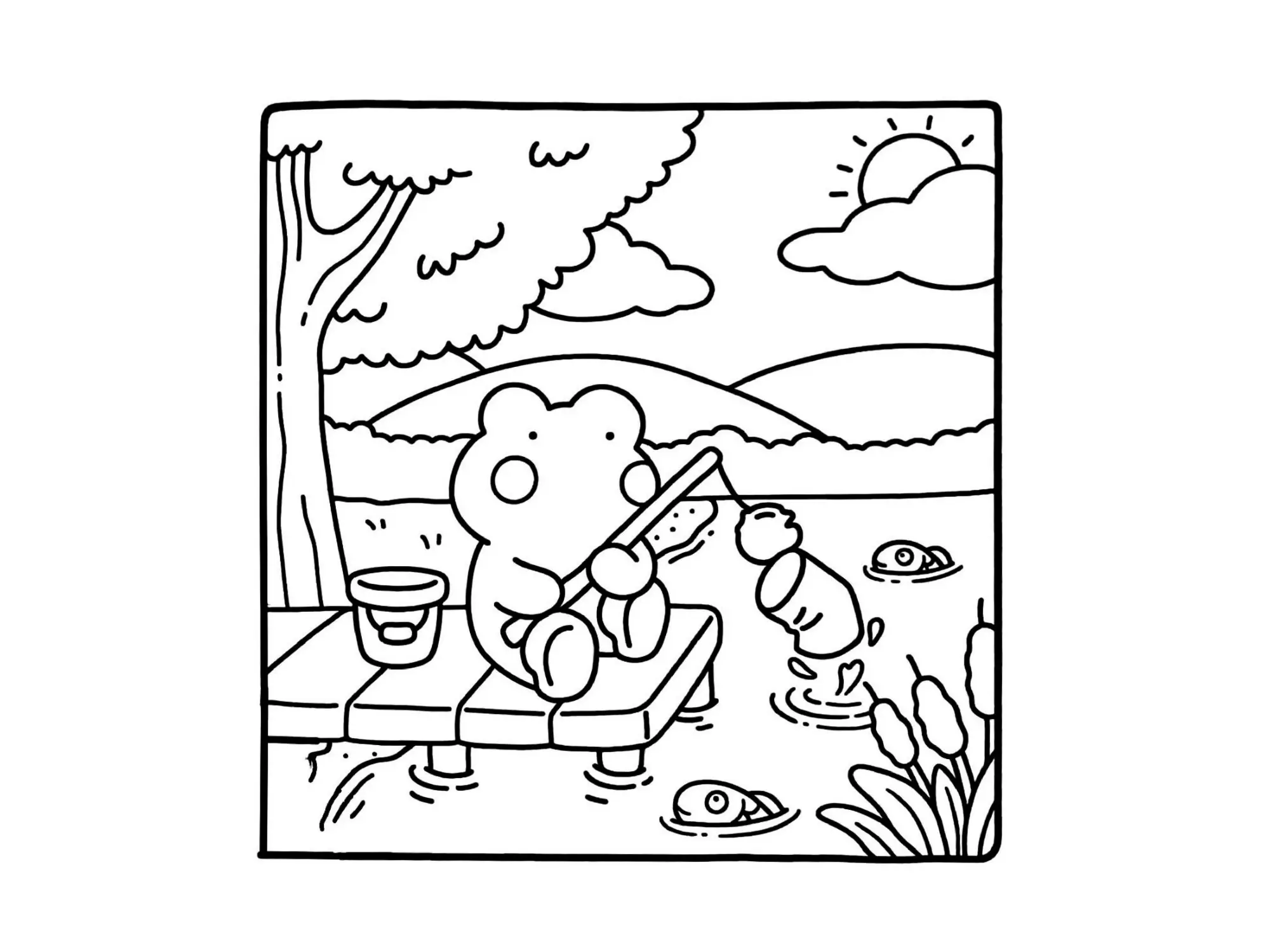 Desenho de contorno estilo kawaii de um jacaré sentado em um trapiche de madeira segurando uma vara de pesca em um lago com montanhas ao fundo.
