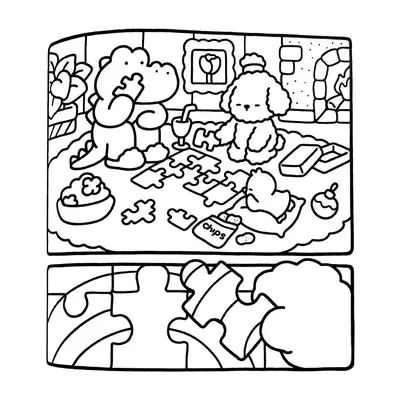 Desenho de contorno estilo kawaii de um jacaré e uma poodle sentados no tapete montando um quebra-cabeça, com um pintinho e um saco de chips.