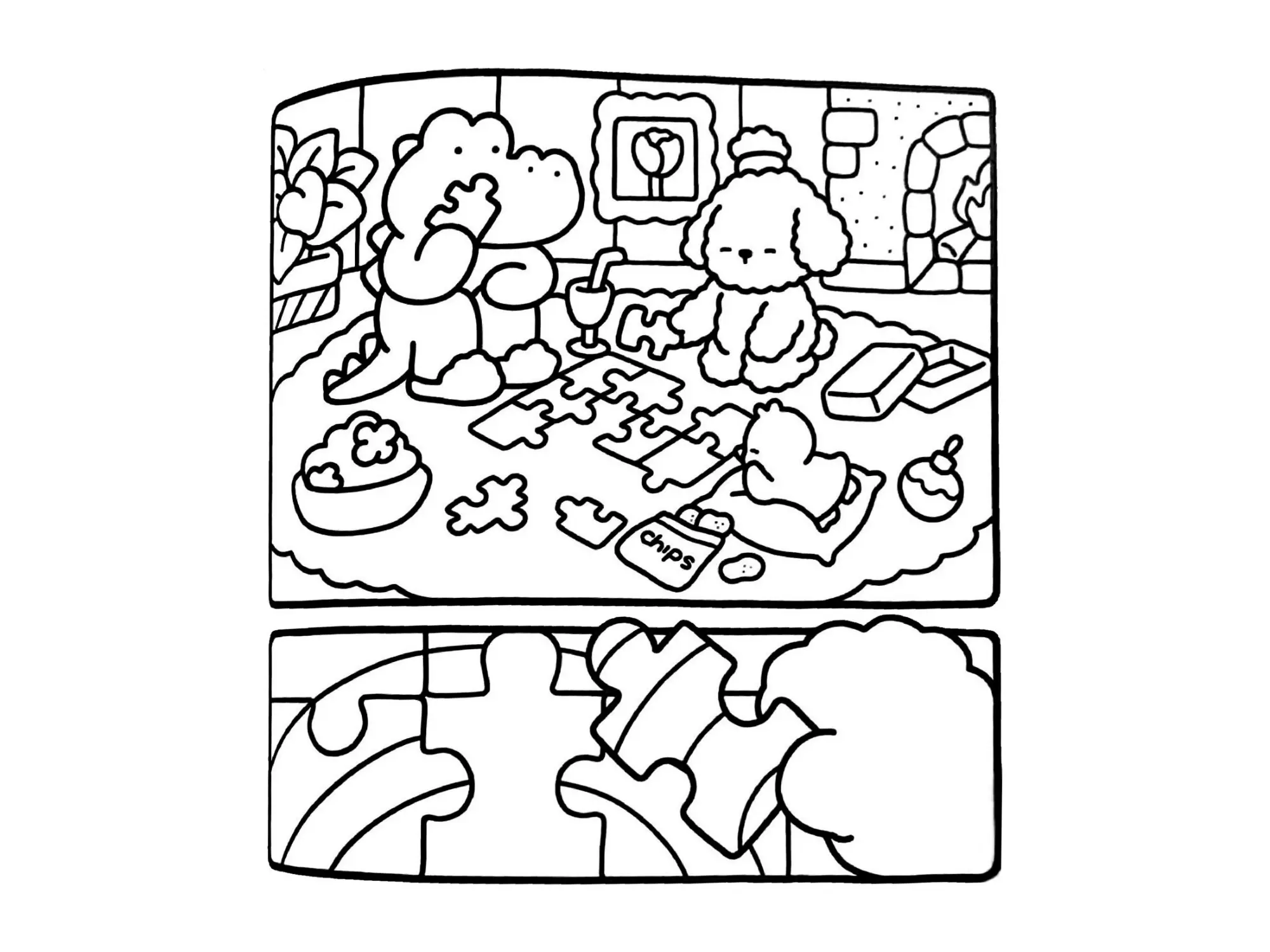 Desenho de contorno estilo kawaii de um jacaré e uma poodle sentados no tapete montando um quebra-cabeça, com um pintinho e um saco de chips.