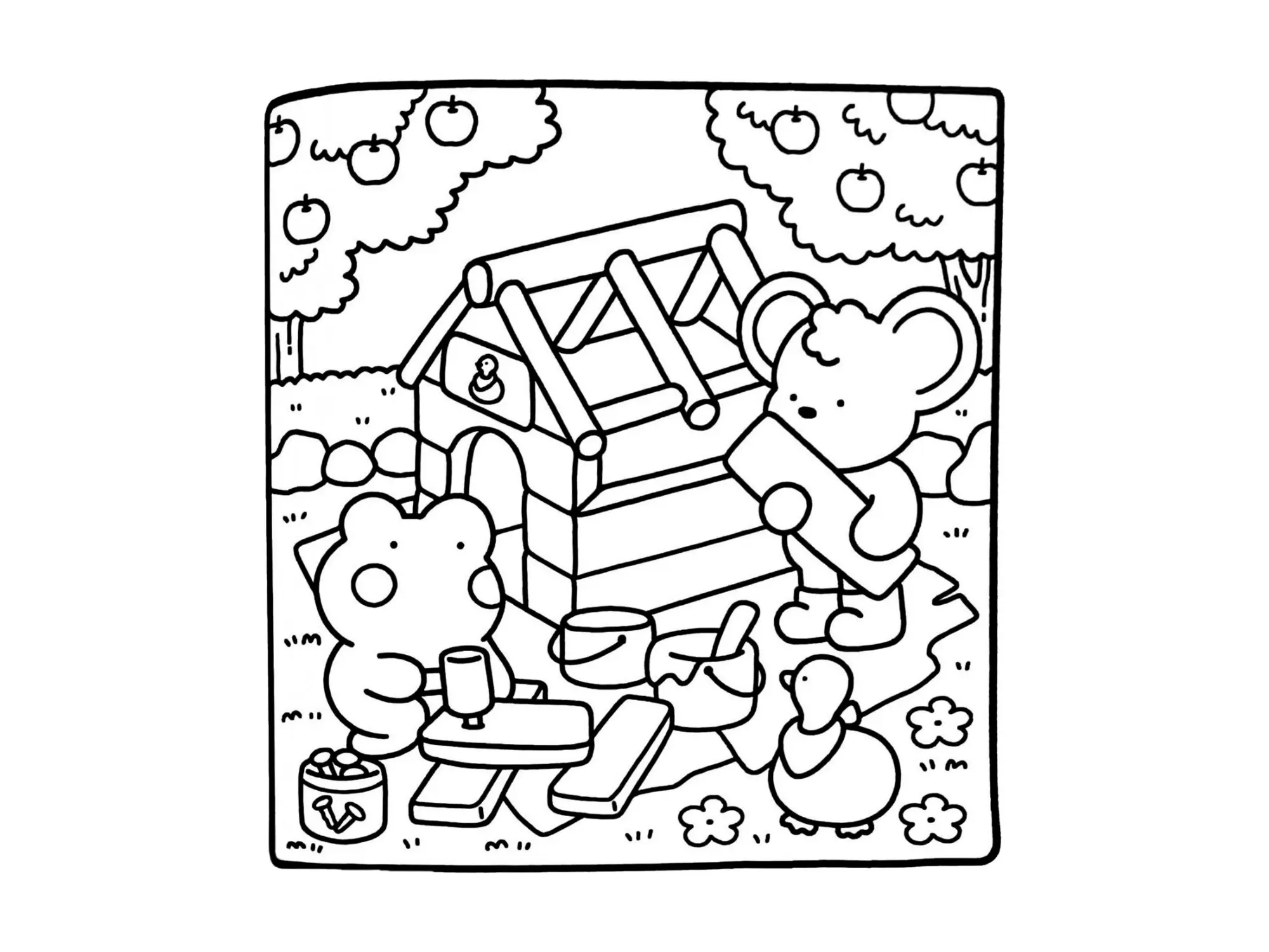 Desenho de contorno estilo kawaii de um jacaré e um ursinho montando uma casinha de madeira com baldes de tinta e martelo em um pomar.