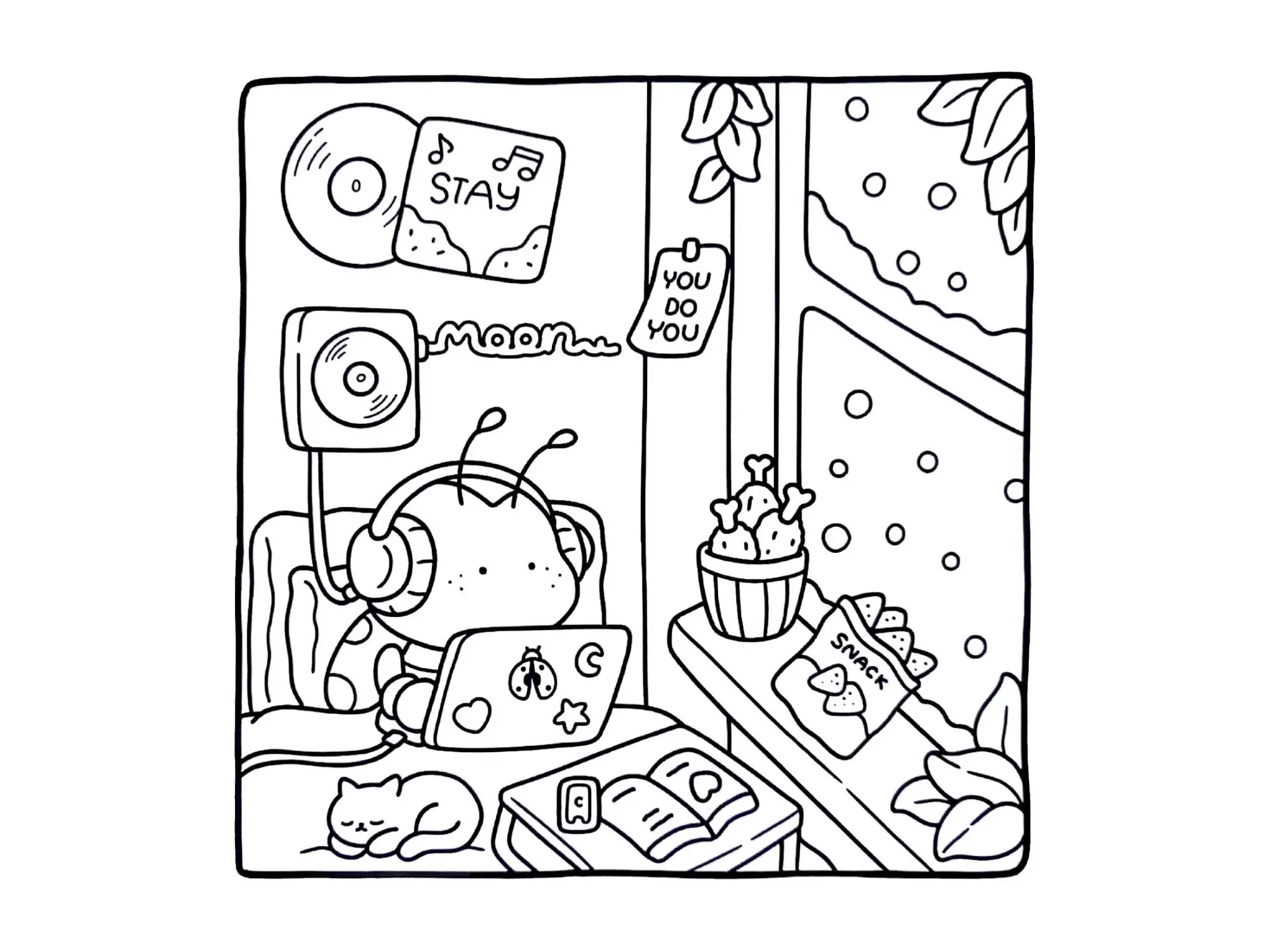 Desenho de contorno estilo kawaii de uma joaninha com fones de ouvido usando um laptop decorado, com um gato dormindo e neve na janela.