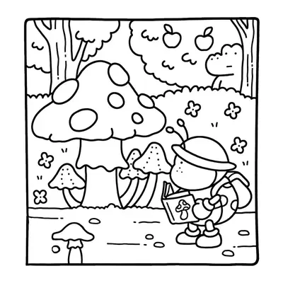 Desenho de contorno estilo kawaii de uma joaninha de mochila e chapéu lendo um livro em frente a um cogumelo grande, com um jacaré ao fundo.