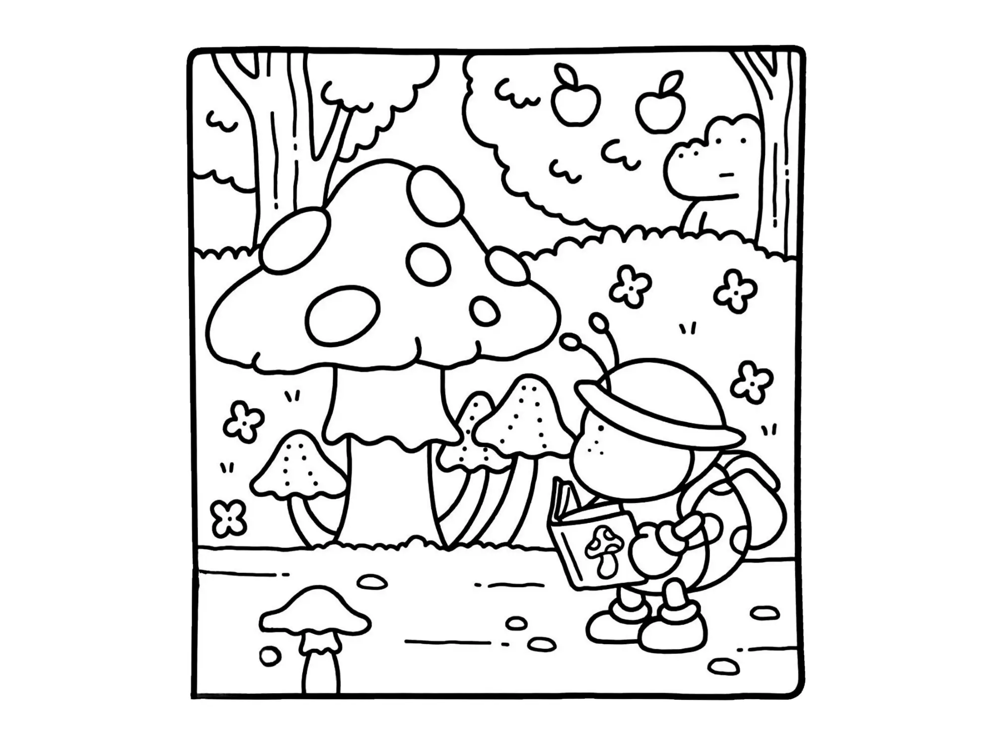 Desenho de contorno estilo kawaii de uma joaninha de mochila e chapéu lendo um livro em frente a um cogumelo grande, com um jacaré ao fundo.
