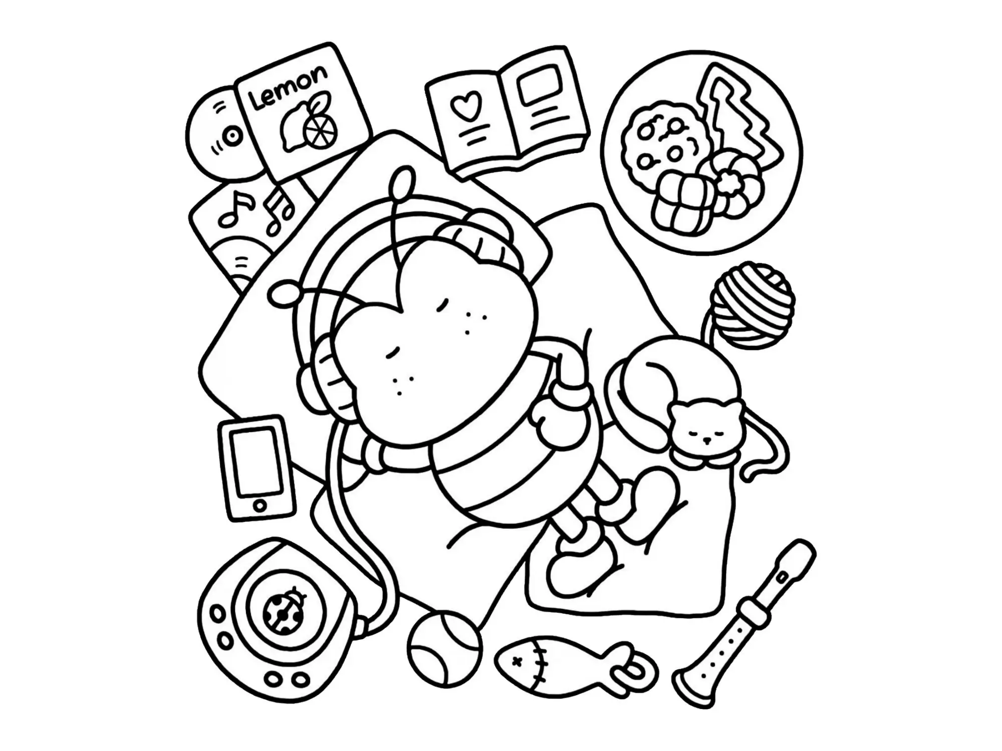 Desenho de contorno estilo kawaii visto de cima de uma joaninha deitada em uma almofada usando fones de ouvido, cercada por um gato, biscoitos e um CD.
