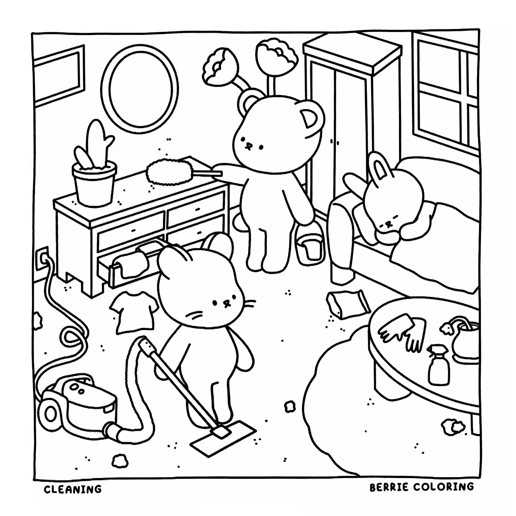Desenho de contorno estilo kawaii de um gato usando aspirador de pó, um urso com espanador e um coelho dormindo no sofá em uma sala bagunçada.