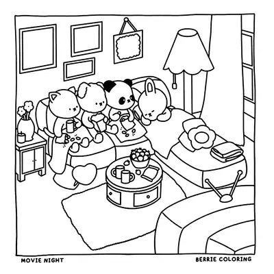 Desenho de contorno estilo kawaii de quatro amiguinhos (gato, cachorro, panda e coelho) sentados em um sofá assistindo TV com baldes de pipoca e copos.