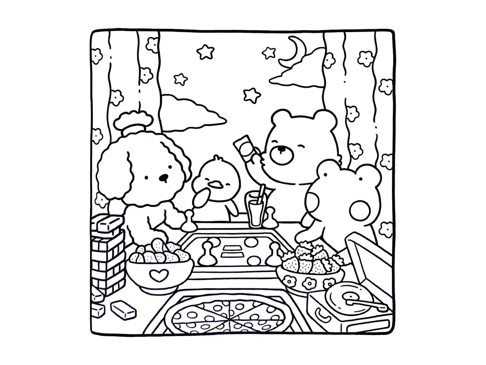 Desenho de contorno estilo kawaii de amigos (urso, poodle, sapo e pintinho) ao redor de uma mesa com jogo de tabuleiro, pizza, morangos e uma vitrola.