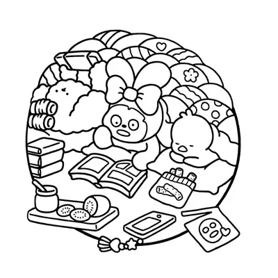 Desenho de contorno estilo kawaii de uma coelhinha lendo um livro em uma cabana de almofadas, com um pintinho dormindo, frutas e uma máscara de skincare ao lado.