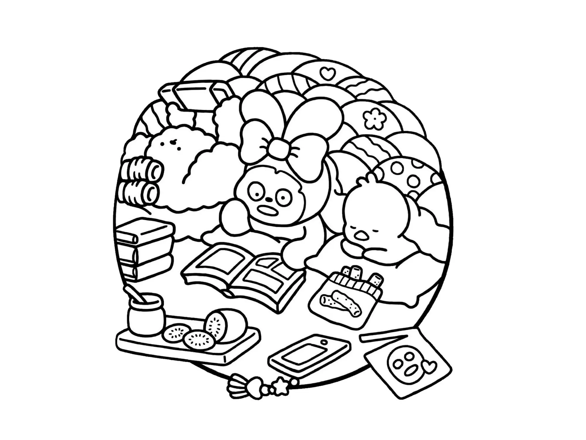 Desenho de contorno estilo kawaii de uma coelhinha lendo um livro em uma cabana de almofadas, com um pintinho dormindo, frutas e uma máscara de skincare ao lado.