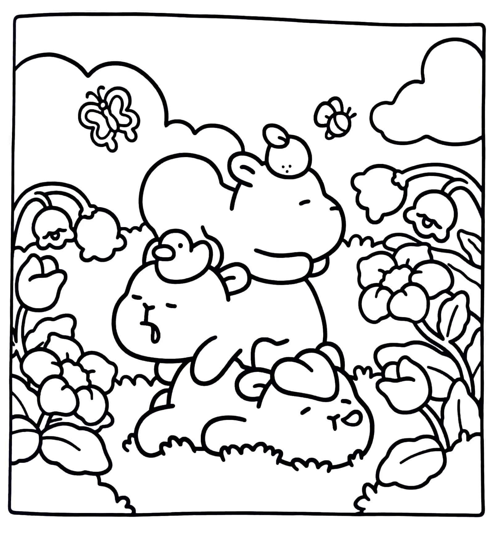 Desenho de contorno estilo kawaii de três ovelhas empilhadas uma sobre a outra, rodeadas por flores grandes, uma borboleta e uma abelha.