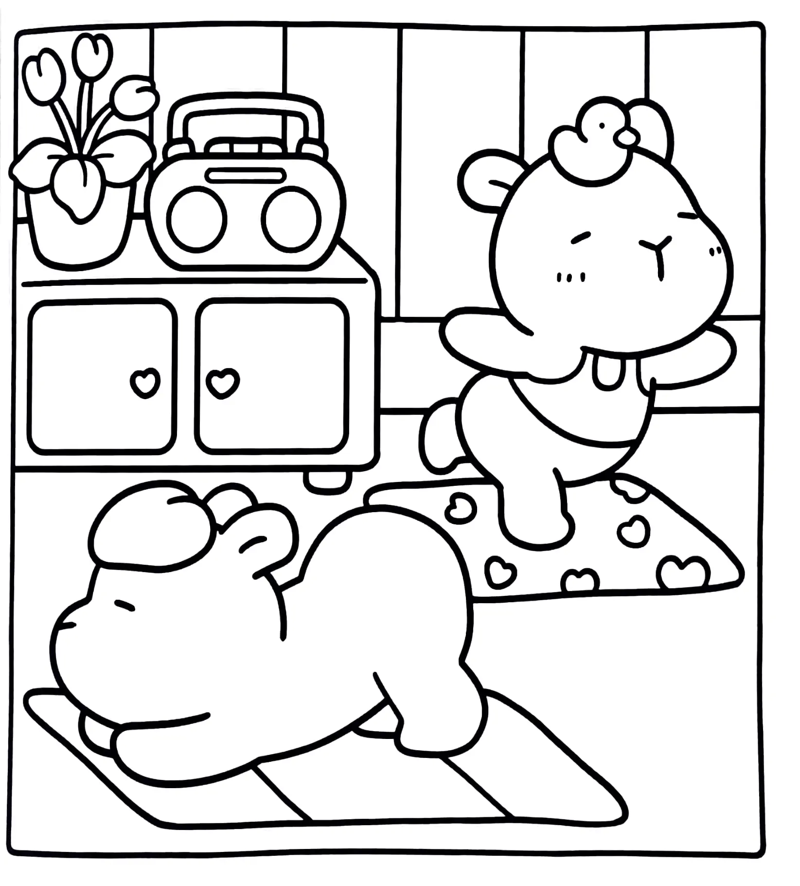 Desenho de contorno estilo kawaii de duas ovelhas em poses de yoga sobre tapetes, com um rádio e um vaso de flores ao fundo.