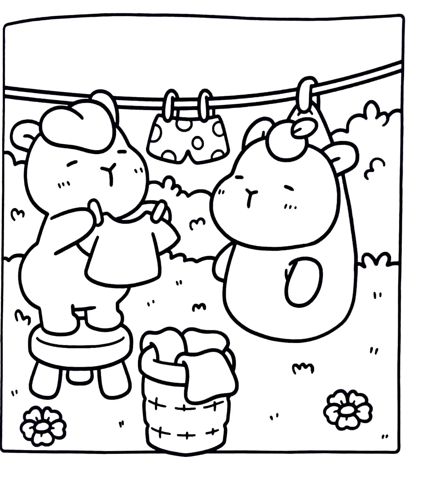 Desenho de contorno estilo kawaii de uma ovelha em cima de um banco estendendo uma camiseta e outra ovelha ao lado de um cesto de roupas.